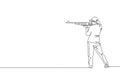 One single line drawing young woman practicing to shot target in range on shooting training ground vector graphic illustration.