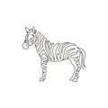 One single line drawing of zebra for national park zoo safari logo identity. Typical horse from Africa with stripes concept for
