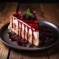 One single piece of homemade tasty cheesecake cake with sauce on plate, dark wooden table background Royalty Free Stock Photo