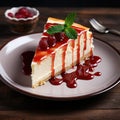 One single piece of homemade tasty cheesecake cake with sauce on plate, dark wooden table background Royalty Free Stock Photo