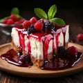 One single piece of homemade tasty cheesecake cake with sauce on plate, dark wooden table background Royalty Free Stock Photo