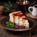 One single piece of homemade tasty cheesecake cake with sauce on plate, dark wooden table background Royalty Free Stock Photo