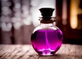 One single round transparent glass bottle of a purple potion mix, fantasy elixir, love potion or perfume on a wooden table, Royalty Free Stock Photo