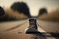 One single sneaker shoe in the middle of nowhere on a lonely road Royalty Free Stock Photo