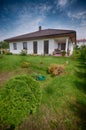 Single storey private house wide angle image, hdr colors, outside view with garden in summer