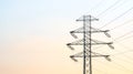 One single tall high voltage electricity pylon, transmission tower, clear sky, background, copy space, wide banner, nobody. Power