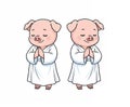 One single white robed piglet praying isolated mirrored Royalty Free Stock Photo