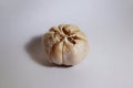 One single whole bulb of white garlic vegetable, closed cloves, peeled paper skin, white isolated background shadow top front