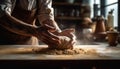 One skilled craftsperson kneading dough in a homemade workshop kitchen generated by AI