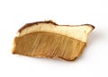 One sliced piece of dried mushroom on white