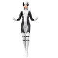 One slim girl in black and white superhero super suit