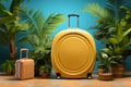 One small and one big Yellow suitcase. Copy space circle. Potted plants. Minimalist touristic concept