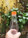 One small half liter clear plastic water bottle, holding bottle, reduce plastic usage, plastic bottle on front view