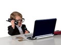 One small little girl (boy) with glasses, computer and credit ca