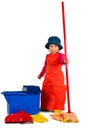 One small little girl cleaning with mop.