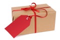 One small parcel or gift with red label or gift tag isolated on white background Royalty Free Stock Photo