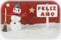 One snowmen and a signpost with the words Happy New Year on spanish