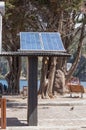 One solar panel in a pole in the middle of a park with a lake and trees around it Royalty Free Stock Photo