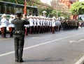 One soldier shooting the rows of soldier at Ratchadamnoen Road in BANGKOK, THAILAND