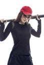 One Sportive Caucasian Female Baseball Player Athlete Holding Bat Behind Shoulders Wearing Sport Outfit And Red Cap Against Pure Royalty Free Stock Photo