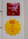 One Star Michelin Guide and Gault Millau French restaurant guide plaques at award-winning Restaurant Le Foch in Reims
