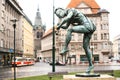 One of the statues of the dancing fountain Czech musicians in the city of Prague, Europe. Each of the dancing sculptures