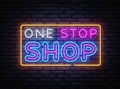 One Stop Shop neon sign vector. Shoping Design template, light banner, night signboard, nightly bright advertising