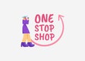 One stop shop poster. Retail wholesale marketing banner in supermarkets and shops customer support.