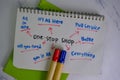 One-Stop Shop write on a book with keywords isolated on Wooden Table. Chart or mechanism concept