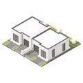 One storey connected cottage with flat roof isometric icon set