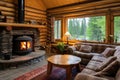 one-storied log cabin with a cozy-looking fireplace inside