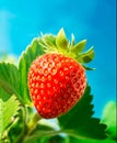 One strawberry close up, fresh berry with leaves on branch Royalty Free Stock Photo