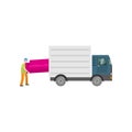 Man loads a big pink sofa in the trunk of a truck, isolated on a white