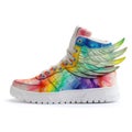 One stylish colorful sneaker with wing isolated on white. Creative shoe design, rainbow colors