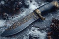 One Stylish Damascus steel kitchen knife on a wooden board Royalty Free Stock Photo