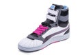 One graphite grey white and pink leather casual ankle sneakers shoe isolated white background