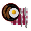 One sunnyside egg and two sausages on the plate for breakfast. A fork and a knife on the side. Isolated.