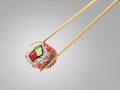 One sushi roll on sushi sticks 3d render on grey gradient