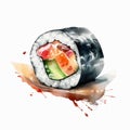 One sushi roll in watercolor style on white background. Royalty Free Stock Photo