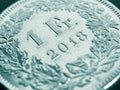 1 one Swiss Franc coin closeup. Pale green tinted illustration about economy or banking. Business and taxes. Money and Central