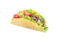 One taco shell with lettuce, ground beef meat,  mashed avocado, tomato, red onion and jalapeno pepper, isolated on white Royalty Free Stock Photo