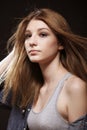 One teenage girl, long flying hair, beautiful fashion model posing, Royalty Free Stock Photo