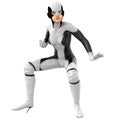 One teenage girl in a white dark super suit. Standing half-bent legs in a fighting position waiting for the blow Royalty Free Stock Photo