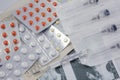 One thermometer with pills and disposable syringes Royalty Free Stock Photo