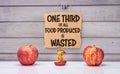 One third of all food is wasted text, 3 apples, one rotten to illustrate estimated global food waste