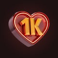 One thousand or 1k follower celebration love icon neon glow lighting 3d render