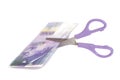 One thousand swiss franc banknotes with scissors.currency of swi