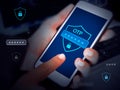 One time passcode security factor concept design with man using mobile close up, 2fa authentication backdrop. Secure, protected, Royalty Free Stock Photo
