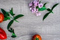 one tomato and one egg, violet, mint, objective photography, place for writing