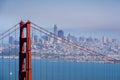 One of the towers of Golden Gate Bridge; the San Francisco skyline visible in the background Royalty Free Stock Photo